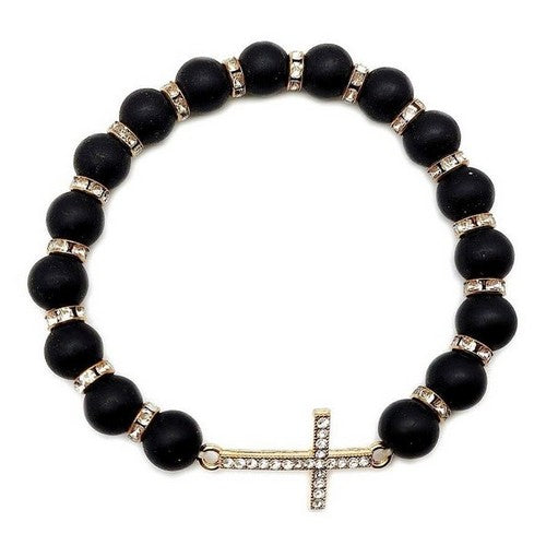 B570 Rhinestone Cross Stretch Beads Bracelet in Black
