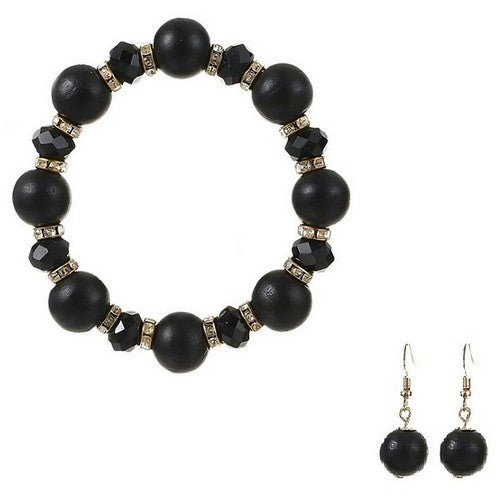 ABR1158 Rhinestone & Bead Bracelet & Pearl Earring Set in Black