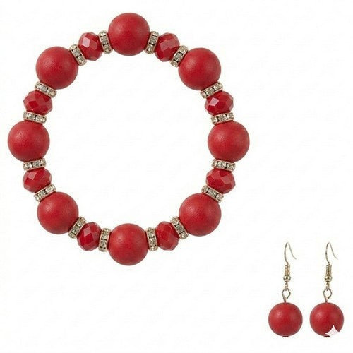 Rhinestone & Bead Detail Pearl Bracelet & Earring Set in Red