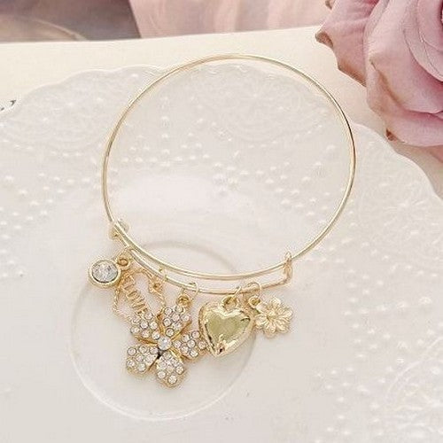 ABR1279 Rhinestone Love Flower Charm Bangle in Gold
