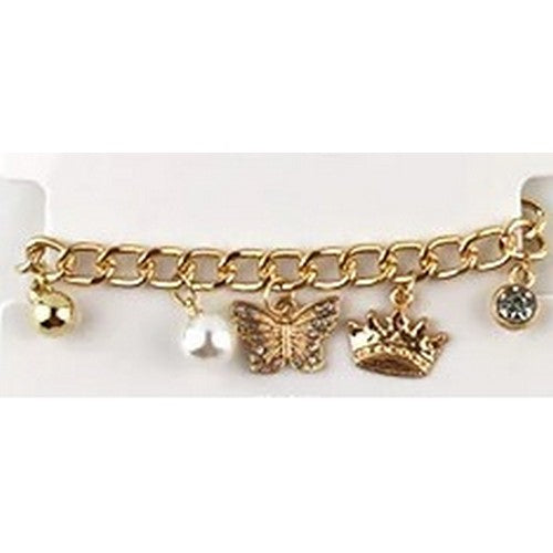 Rhinestone Butterfly Pearl Charm Bracelet