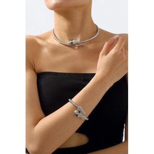 Rhinestone Snake Bangle in Silver