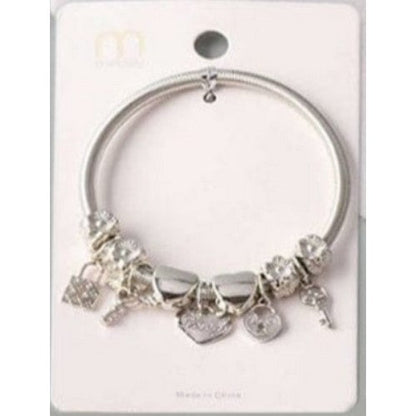 BL_17914 Lock Pendant Stretch Charm Bracelet in Silver