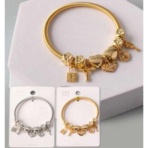 Lock Pendant Stretch Charm Bracelet in Gold