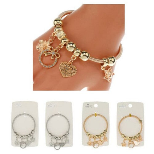 Rhinestone Pendant Stretch Gold Charm Bracelet in Clear Crystal