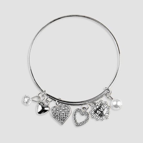 Heart & Pearl Charm Bangle in Silver