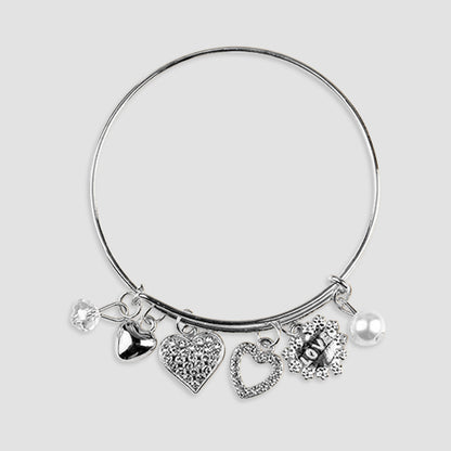 Heart & Pearl Charm Bangle in Silver