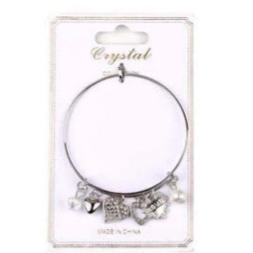 YBT-3865 Heart & Pearl Charm Bangle in Silver