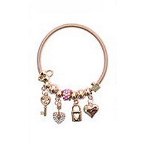 RBT1831R Heart Lock & Key Charm Bracelet in Gold & Pink