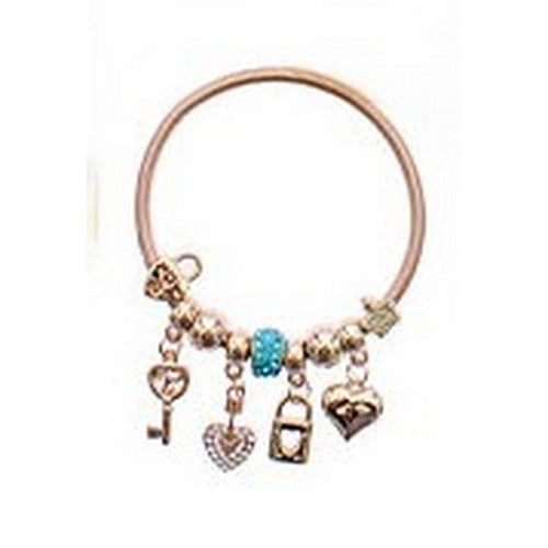RBT1831R Heart Lock & Key Charm Bracelet in Gold & Turquois