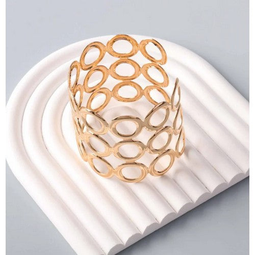 BLE3880G Rings Cut Wide Cuff Bracelet in Gold