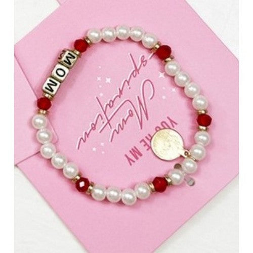 Mom Inspirational Pearl Charm Bracelet in Red