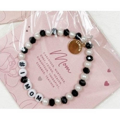 #1 Mom Pearl Charm Bracelet in Black