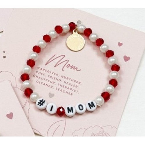 #1 Mom Pearl Charm Bracelet in Red