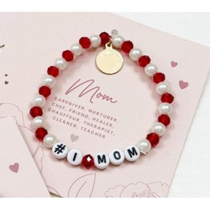#1 Mom Pearl Charm Bracelet in Red