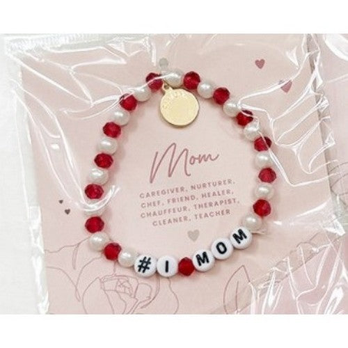 #1 Mom Pearl Charm Bracelet in Red