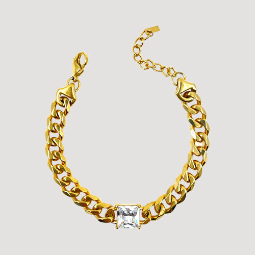 SSB 0023G Lux Lux Stainless Steel 6mm Diamond Cut Cuban CZ Gem Bracelet in Gold