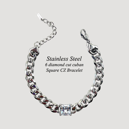 Lux Lux Stainless Steel  6mm Diamond Cut Cuban CZ Gem Bracelet in Silver