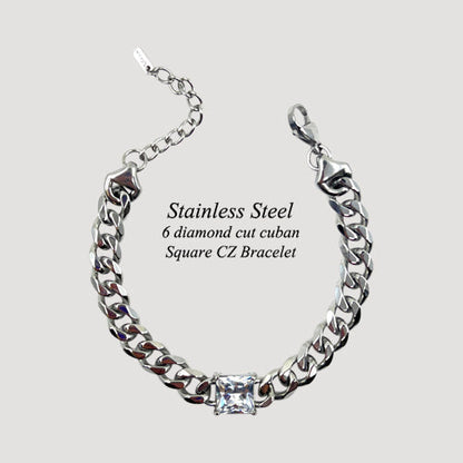 Lux Lux Stainless Steel  6mm Diamond Cut Cuban CZ Gem Bracelet in Silver