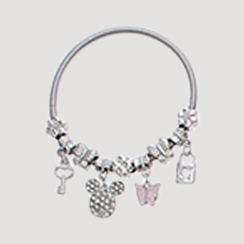 RBT1910R Rhinestone Minnie Mouse Stretch Charm Bracelet in Silver Pink