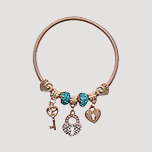 RBT1894R Rhinestone Lock & Key Stretch Charm Bracelet in Gold Blue