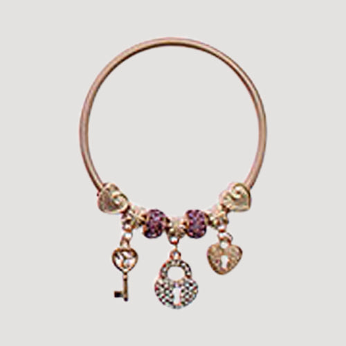 RBT1894R Rhinestone Lock & Key Stretch Charm Bracelet in Gold Dark Pink