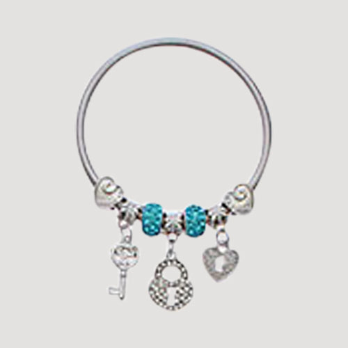 RBT1894R Rhinestone Lock & Key Stretch Charm Bracelet in Silver Blue