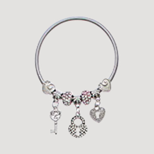 RBT1894R Rhinestone Lock & Key Stretch Charm Bracelet in Silver Clear