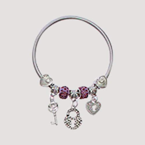 RBT1894R Rhinestone Lock & Key Stretch Charm Bracelet in Silver Dark Pink