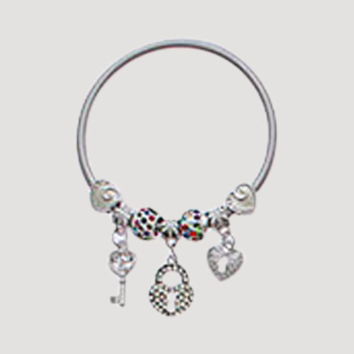 RBT1894R Rhinestone Lock & Key Stretch Charm Bracelet in Silver Multi