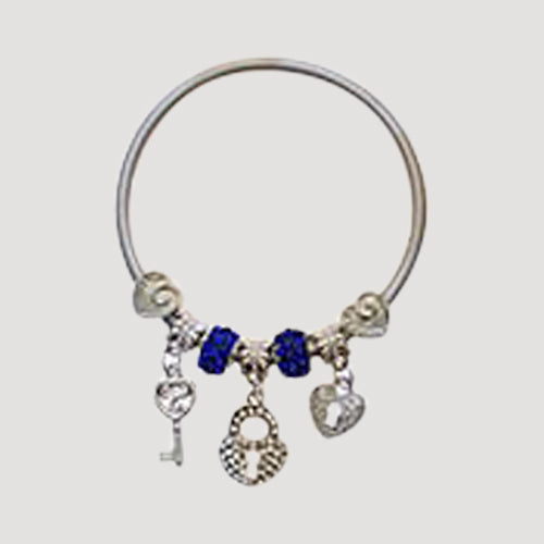 RBT1894R Rhinestone Lock & Key Stretch Charm Bracelet in Silver Royal Blue