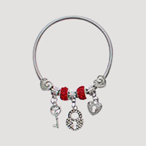 RBT1894R Rhinestone Lock & Key Stretch Charm Bracelet in Silver Red
