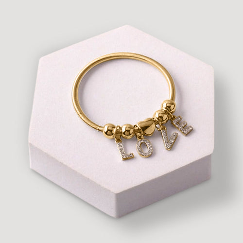 Rhinestone Love Charm Bracelet in Gold