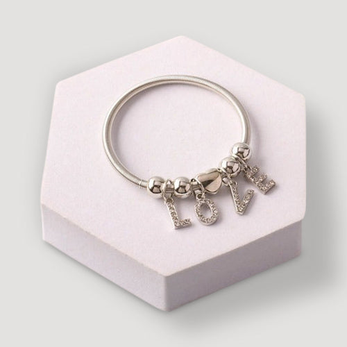 Rhinestone Love Charm Bracelet in Silver