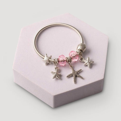 Silver Starfish Crystal Charm Bracelet in Pink