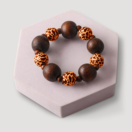 Spotted Bold Wood Bead Bracelet in Brown & Orange