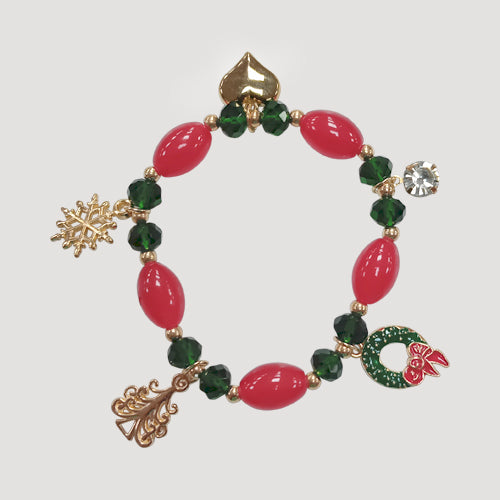 Rhinestone Green & Red Christmas Charm Bracelets in Gold Snowflake