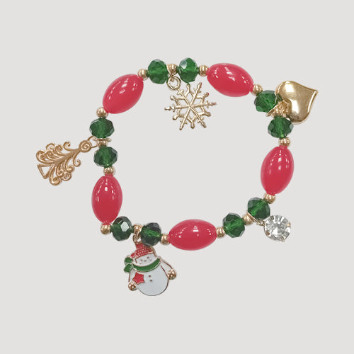Rhinestone Green & Red Christmas Charm Bracelets in Gold Snowman