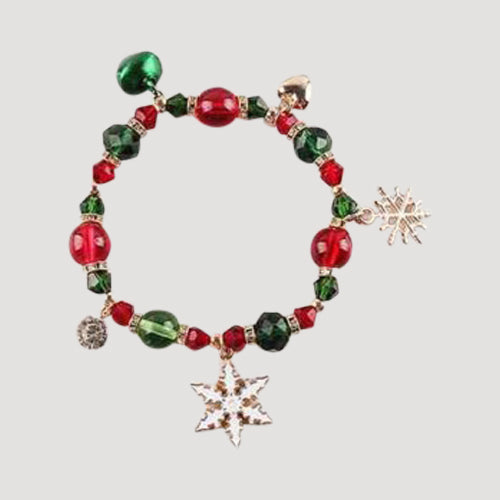 Rhinestone Green & Red Christmas Charm Bracelets in Silver Jingle Bells