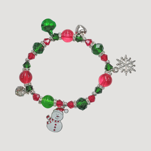 Rhinestone Green & Red Christmas Charm Bracelets in Silver Snowman