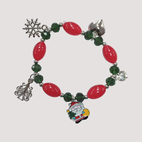 Rhinestone Green & Red Christmas Charm Bracelets in Silver Santa