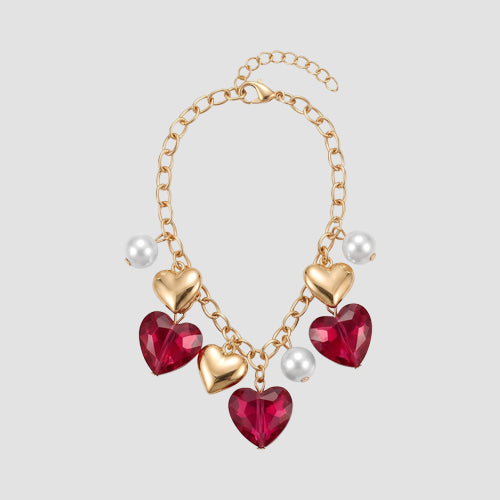 Heart Charm Bracelet in Gold/Red