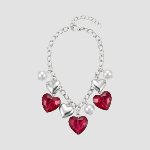 Heart Charm Bracelet in Silver/Red