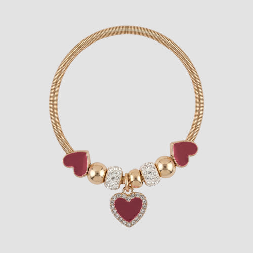 B263 Enamel Heart Rhinestone Stretch Charm Bracelet in Gold & Red