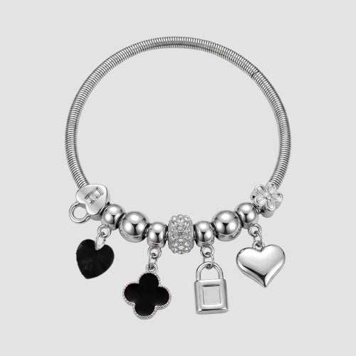 B090 Mother Of Pearl Rhinestone Stretch Charm Bracelet in Silver & Black