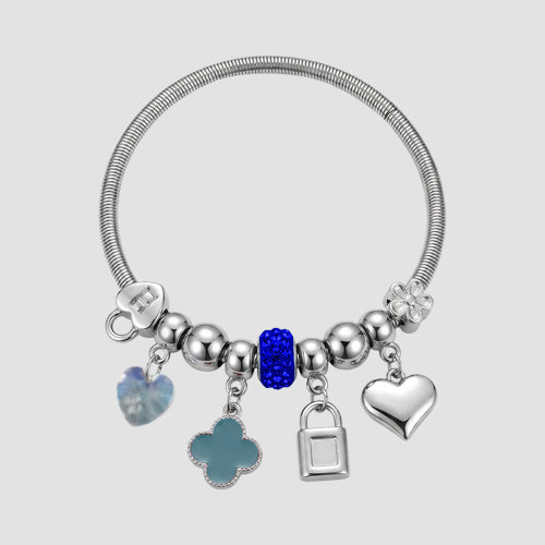 B090 Mother Of Pearl Rhinestone Stretch Charm Bracelet in Silver & Light Blue