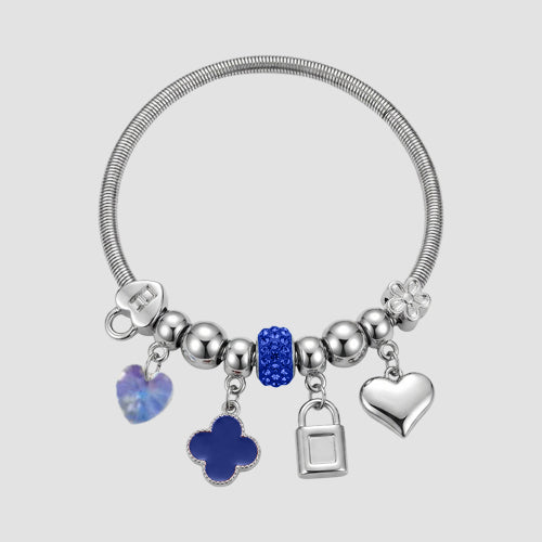 B090 Mother Of Pearl Rhinestone Stretch Charm Bracelet in Silver & Navy