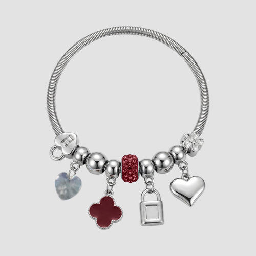 B090 Mother Of Pearl Rhinestone Stretch Charm Bracelet in Silver & Red