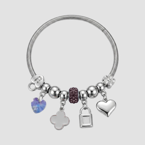 B090 Mother Of Pearl Rhinestone Stretch Charm Bracelet in Silver & White
