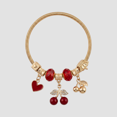 B089-2 Pop My Cherry Rhinestone Stretch Charm Bracelet in Gold & Red